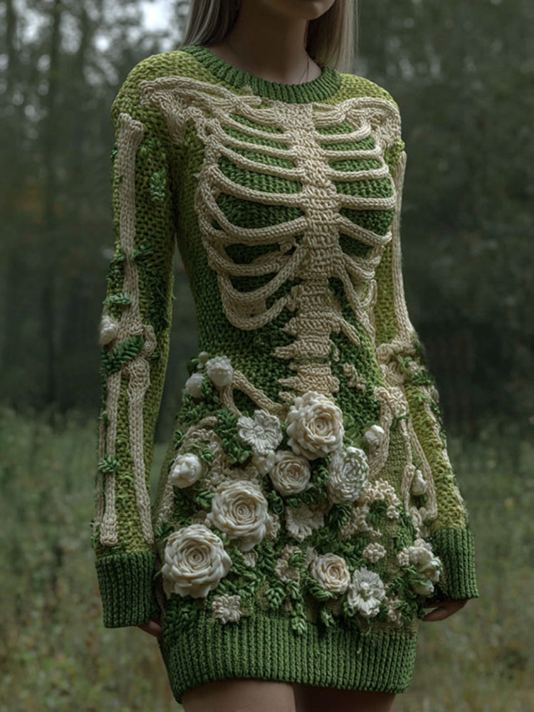 Women's Vintage Skeleton With White Rose Gradient Art Cozy Sweater Dress