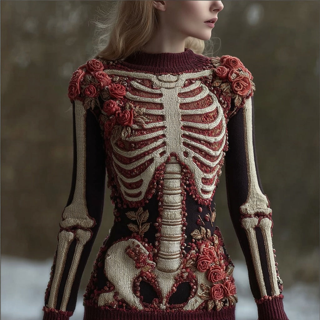 Vintage Skeleton Roses Crew Neck Cozy Knit Sweater