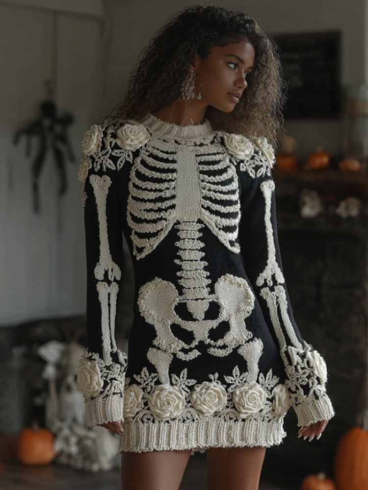 Women's Halloween Skeleton Bones Leather With Rose Cozy Knit Mini Sweater Dress