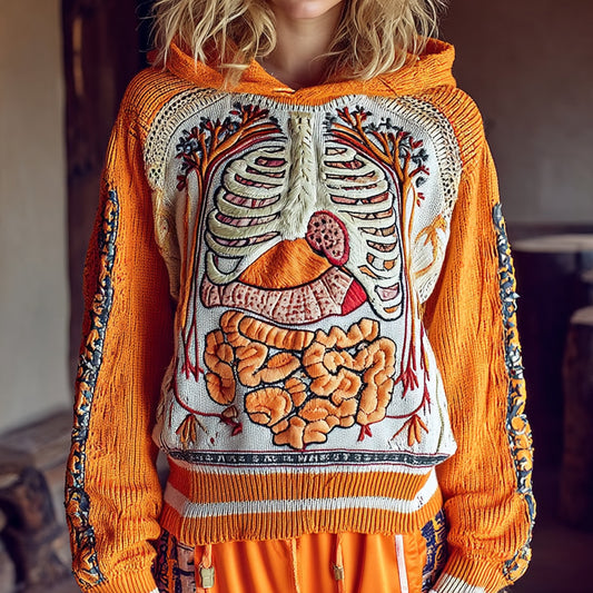 Vintage Halloween Anatomy Art Chunky Knitted Hooded Sweater