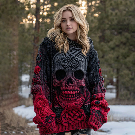 Women's Vintage Viking Tribal Celtic Skull Gradient Art Cozy Sweater