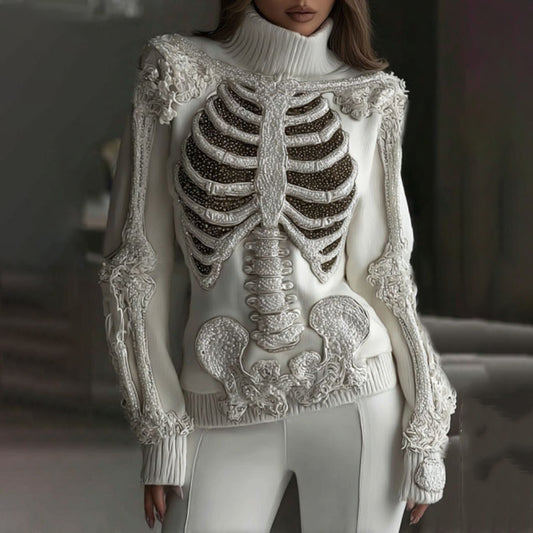 Women's Vintage Skeleton Sequins & Floral Art Cozy Sweater