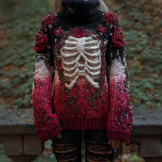 Women's Halloween Anatomy Art And Flower Gradient 3d Knitted High Collar Sweater