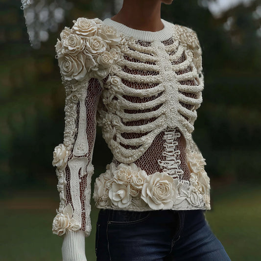 Women's Halloween Skeleton Bones With Roses Art Knitted Warm Sweater