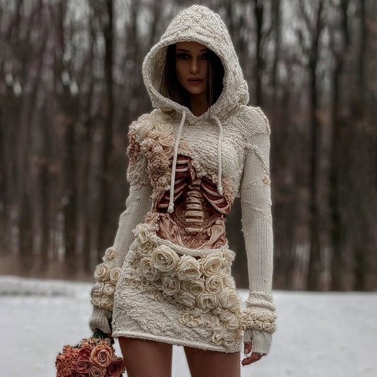 Women's Vintage Skeleton & White Floral Art Cozy Sweater Hooded Dress