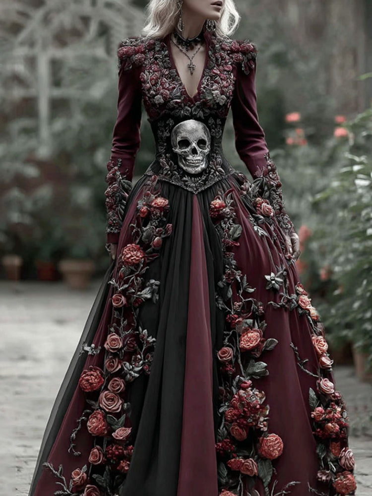 Vintage Skull Skeleton And Red Roses Flowy Maxi Dress