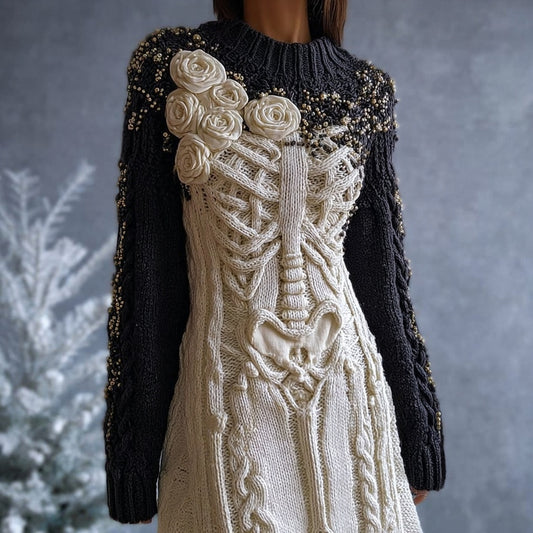 Vintage Skeleton Roses Contrast Color Cozy Sweater Dress