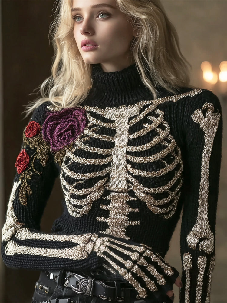 Elegant Skeleton & Floral Women's Turtleneck Knit Sweater