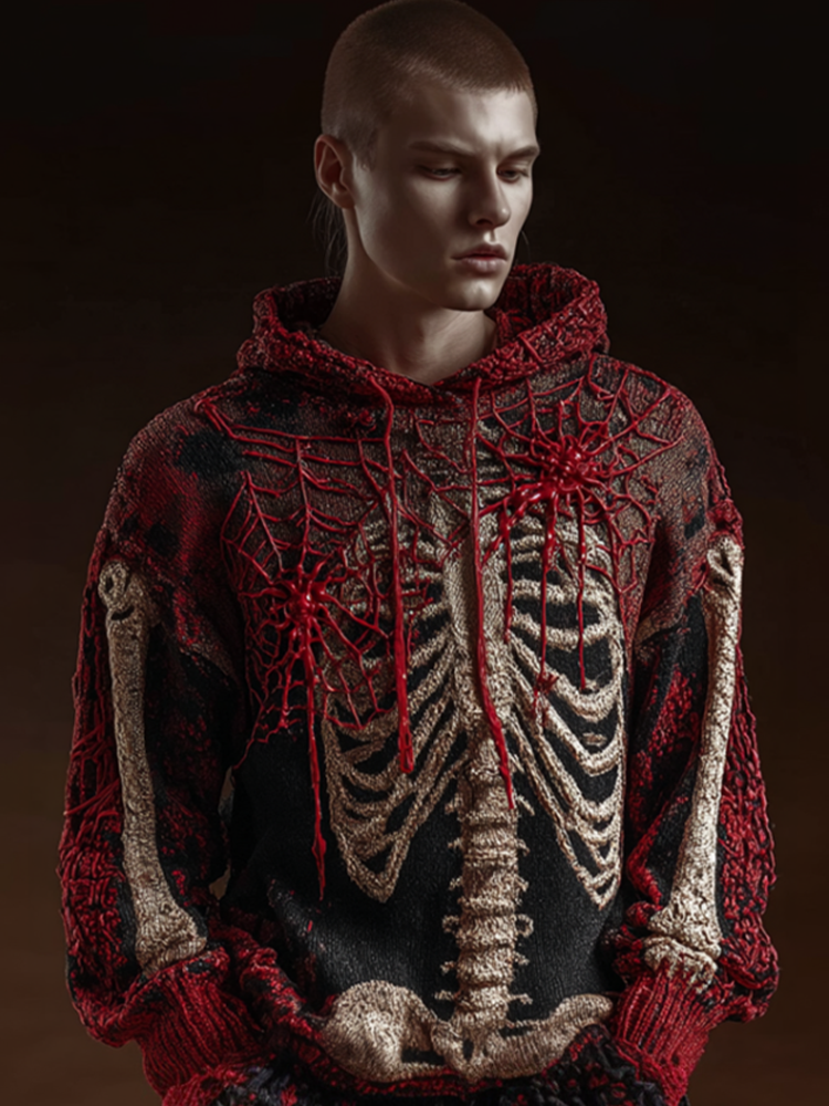 Halloween Spider And Skeleton Skeleton Design Men's Hooded Knit Sweater
