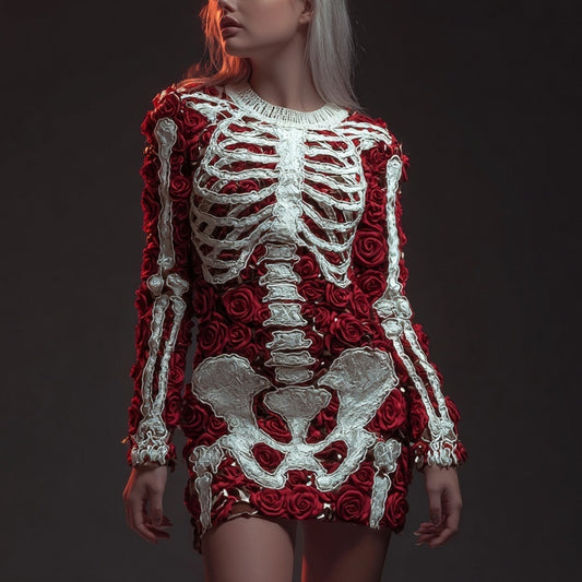 Vintage Skeleton Red Roses Art Cozy Sweater Mini Dress
