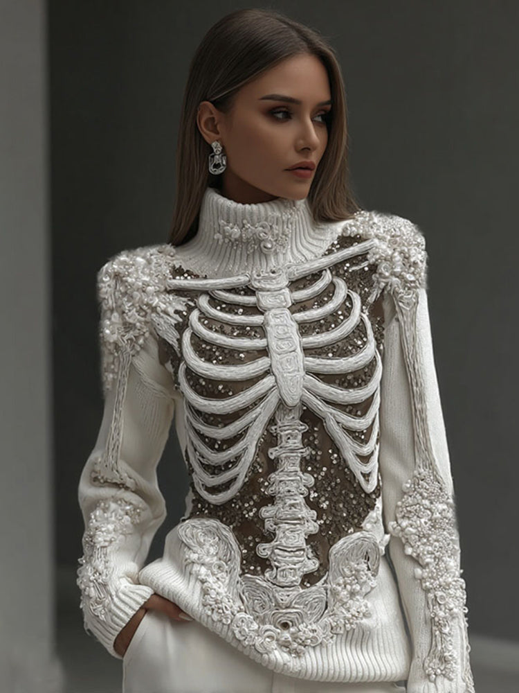 Women's Vintage Skeleton Sequins & Glitter Floral Art Cozy High Neck Sweater