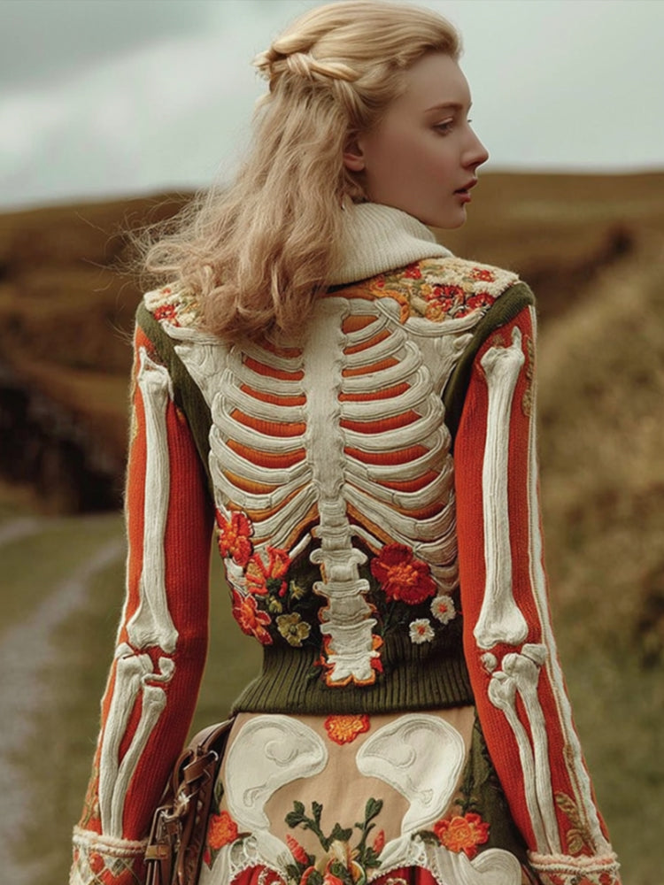 Women's Halloween Human Anatomy And Flower Art Embroidery Color Blocked Hoodie Sweater