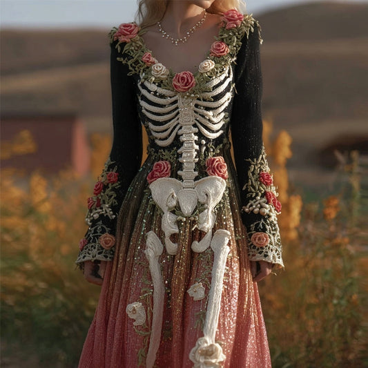 Vintage Skeleton Roses Glitter Gradient Flowy Maxi Dress
