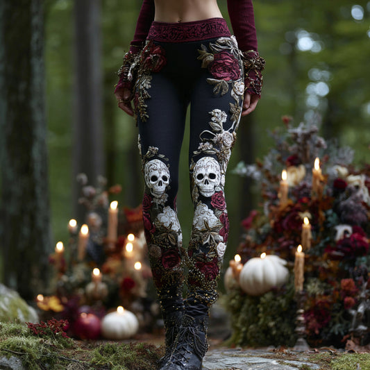 Women's Vintage Rose Skull Art Comfort Leggings