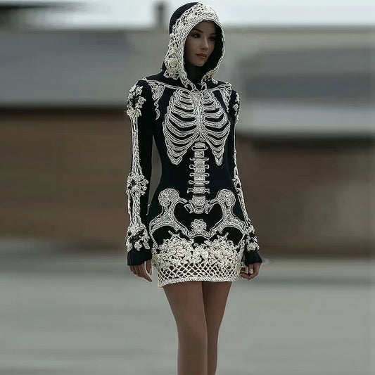 Women's Vintage Halloween Skeleton Bones With Rose Art Cozy Knit Hooded Sweater Dress