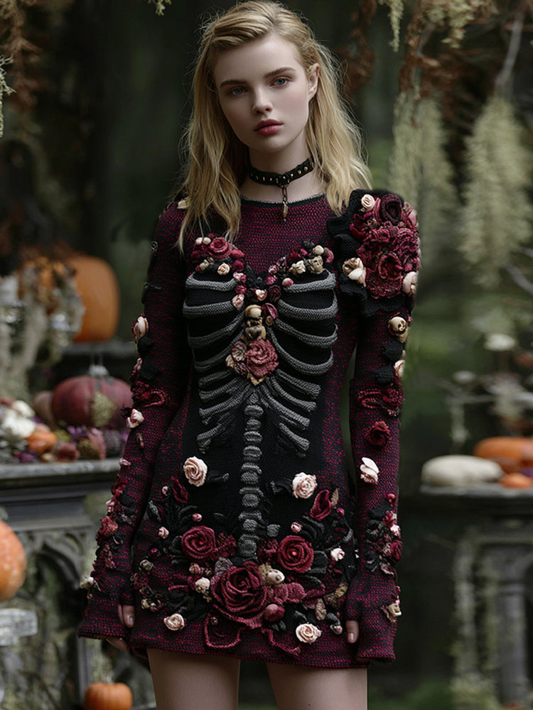 Women's Retro Floral Skull Cozy Knit Mini Sweater Dress