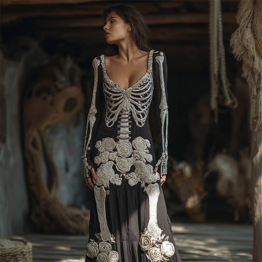 Vintage Skeleton White Floral Beaded Linen Maxi Dress