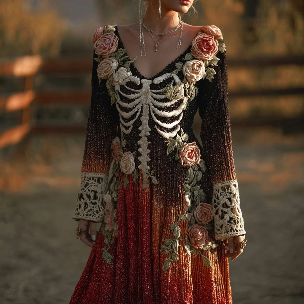 Vintage Skeleton Roses Glitter Gradient Cozy Maxi Dress