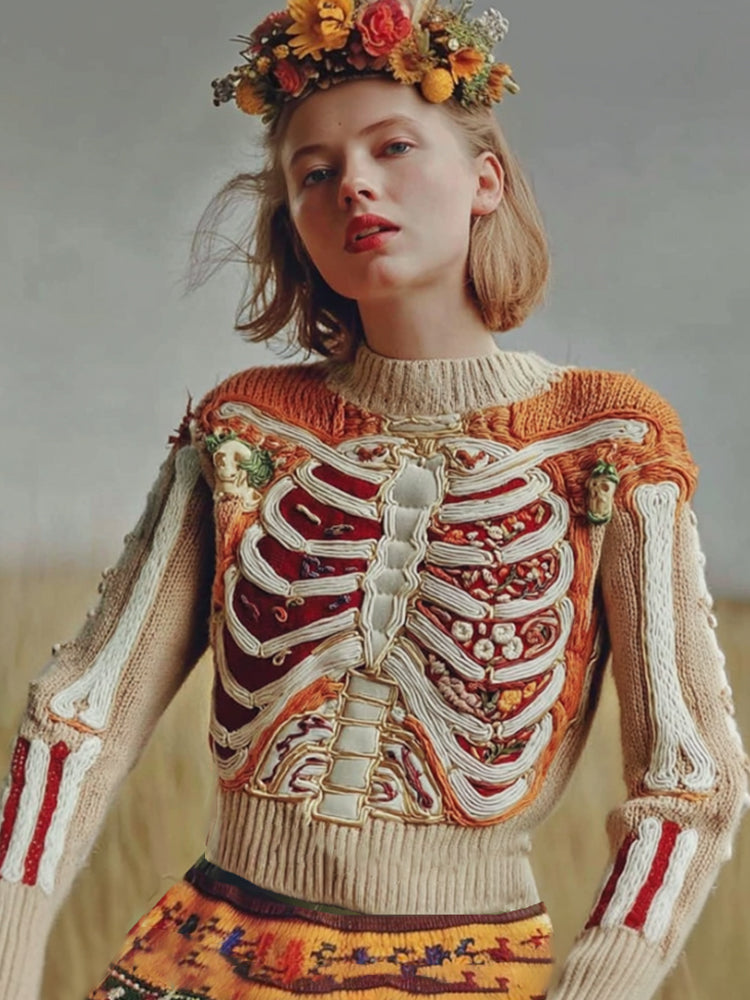 Halloween Human Anatomy Embroidery Flower Knitted Sweater