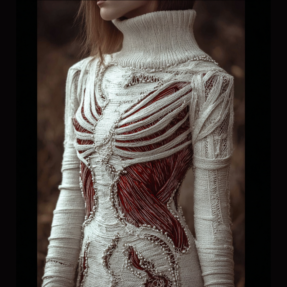 Halloween Bloody Skeleton Anatomy Beaded Cozy Knit Turtleneck Sweater