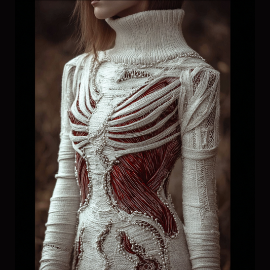 Halloween Bloody Skeleton Anatomy Beaded Cozy Knit Turtleneck Sweater