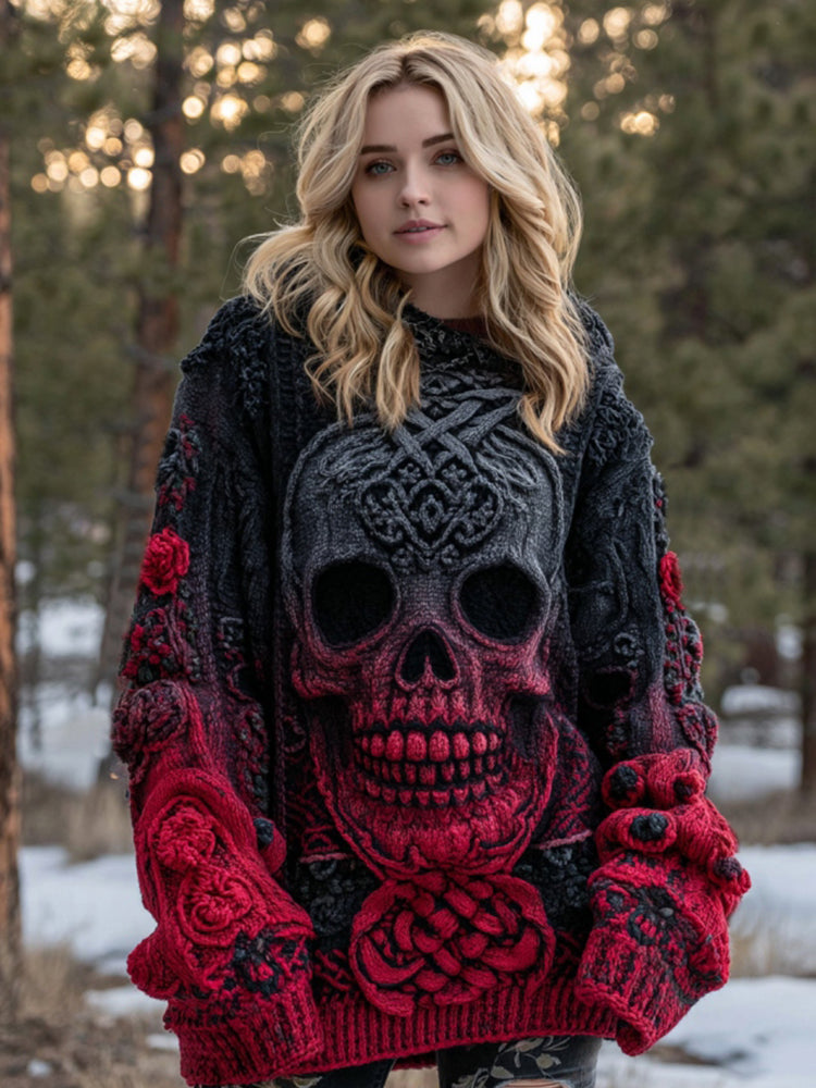 Women's Vintage Viking Tribal Celtic Skull Gradient Art Cozy Sweater