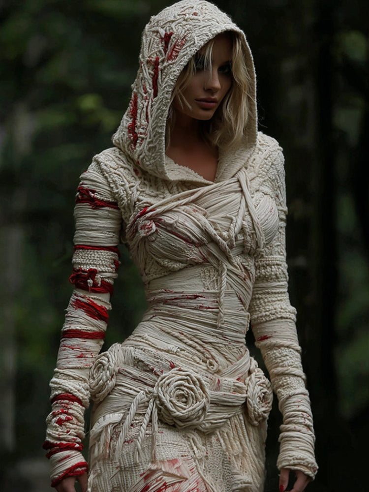 Women's Halloween Muscle Anatomy Bandage With Rose Art Cozy Knit Hooded Sweater Dress