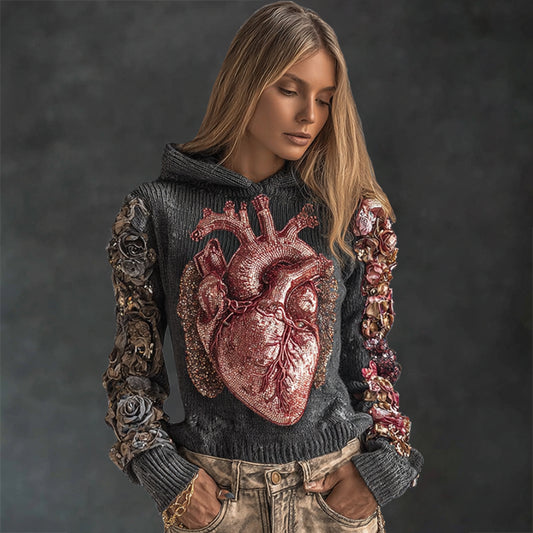 Women's Halloween Silver Pink Heart Embroidered Retro Hoodie Sweater