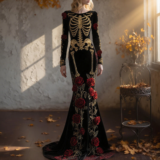 Women's Halloween Red Rose Skeleton Velvet Round Neck Maxi Dress
