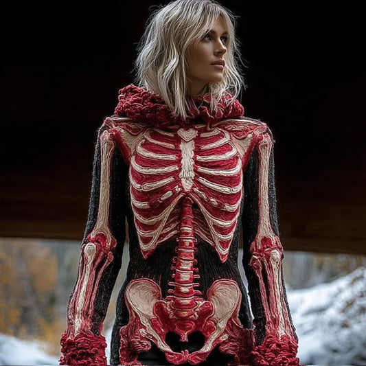 Vintage Halloween Skeleton Art Hooded Sweater