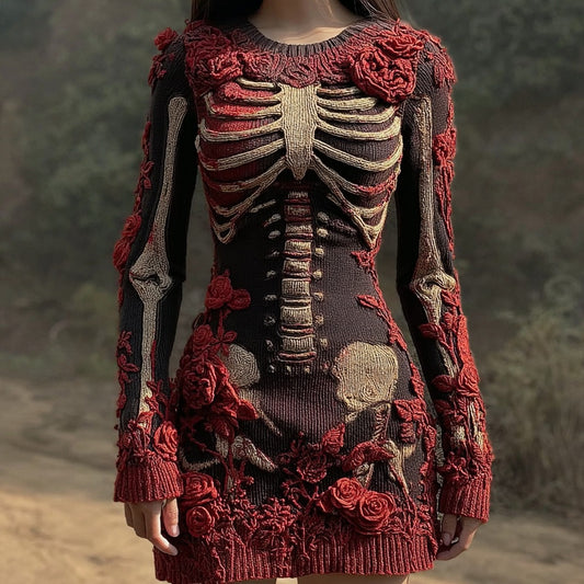 Vintage Halloween Skeleton Art Knit Sweater Dress