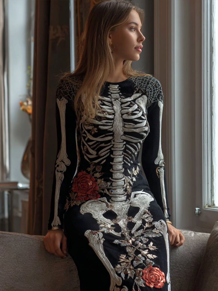 Women's Halloween Skeleton Rose Velvet Long Dress