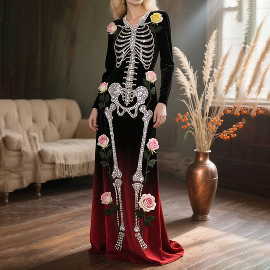 Vintage Halloween Skeleton Bones With Roses Flowy Velvet V Neck Maxi Dress