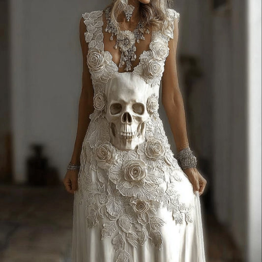 Women's Halloween Skeleton Flower Embroidered Lace Sleeveless Long Dress