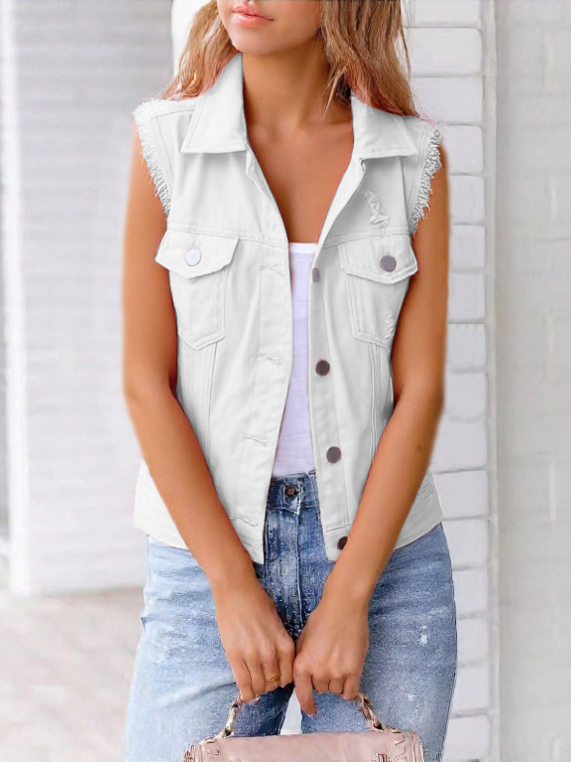 Full Size Button Down Raw Hem Sleeveless Denim Jacket Plus Size
