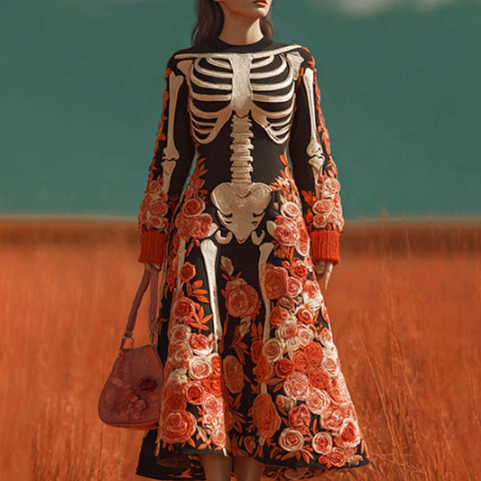 Women's Halloween Warm Tone Skull Rose Embroidered Dress