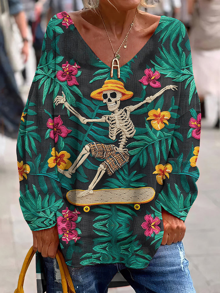 Mexican Day Of The Dead Inspired Pattern Art Printed V-Neck T-Shirt