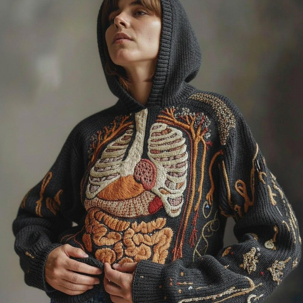 Vintage Halloween Anatomy Art Chunky Knitted Hooded Sweater