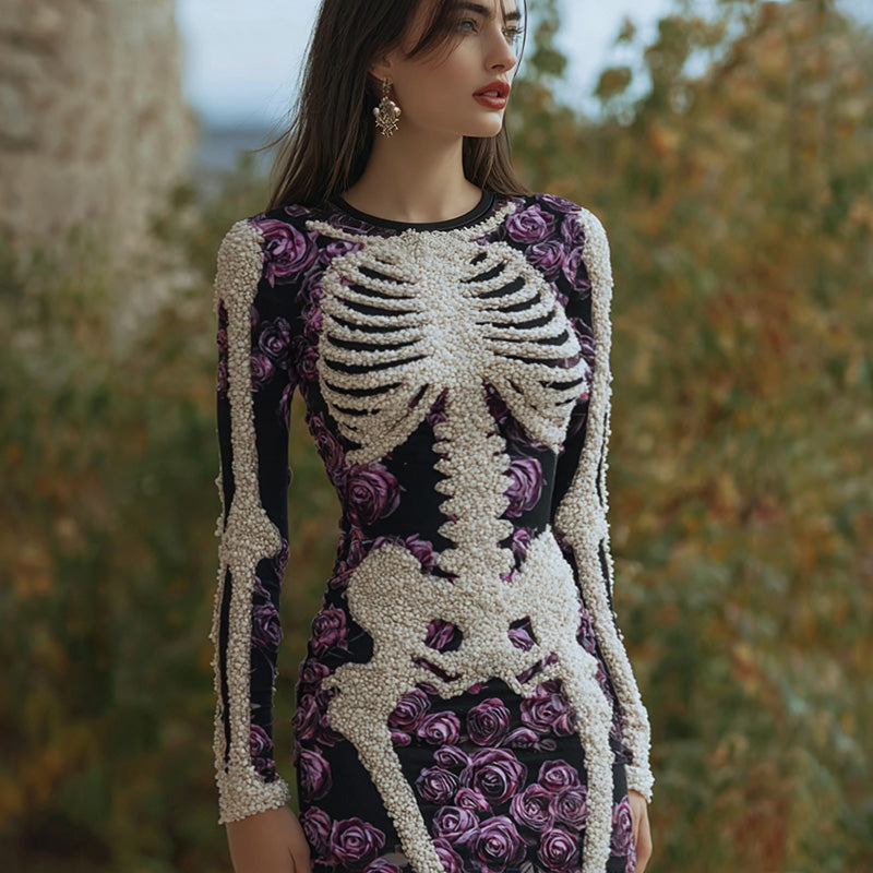 Women's Vintage Halloween Skeleton Bones With Rose Art Cozy Knit Mini Sweater Dress