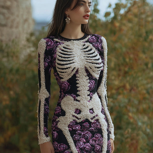 Women's Vintage Halloween Skeleton Bones With Rose Art Cozy Knit Mini Sweater Dress