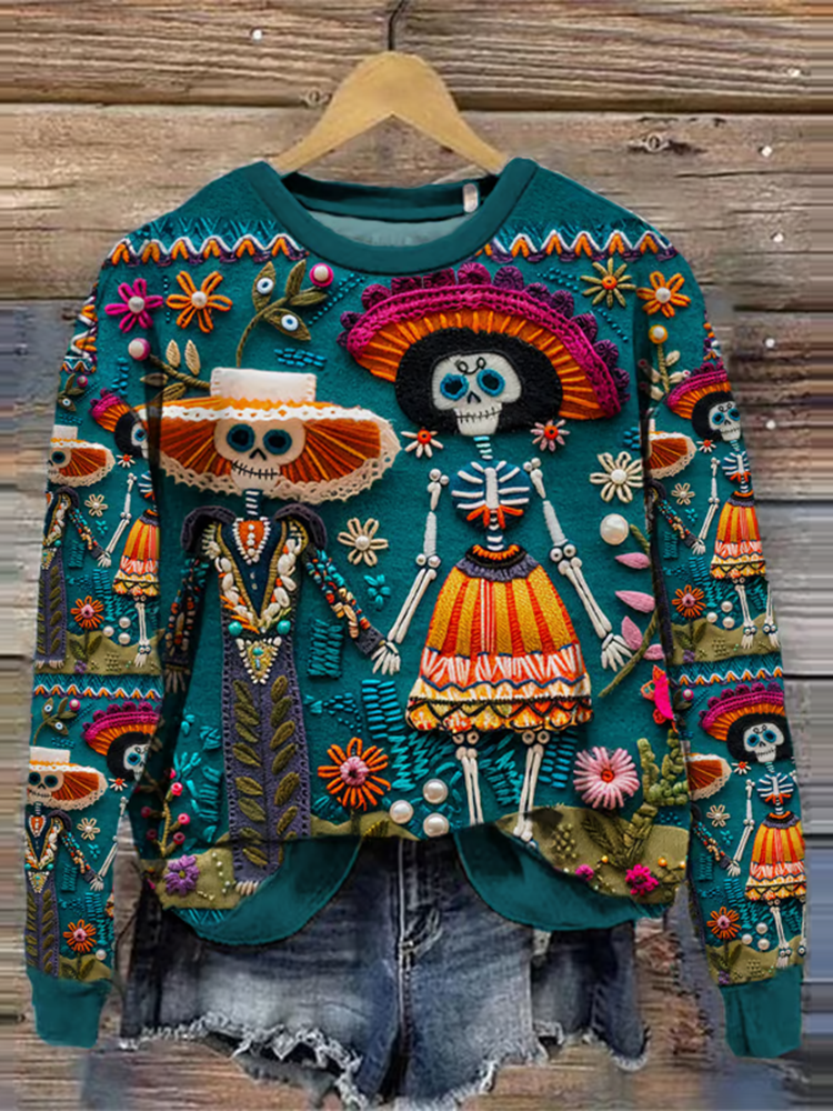 Mexican Sugar Skeleton Couple Catrina Day Of The Dead Inspired Art Printed Sweatshirt