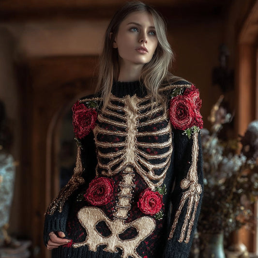 Women's Halloween Skeleton And Anatomy Art Knitted Round Neck Sweater