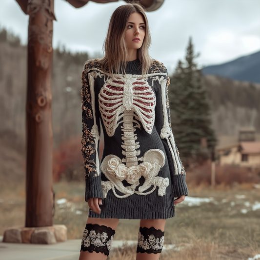 Halloween Human Anatomy Pattern And Flower Pattern Combined Design Women's Round Neck Knit Sweater Dress