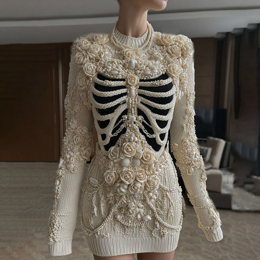 Women's Vintage Skeleton & Pearl Art Cozy Sweater Dress