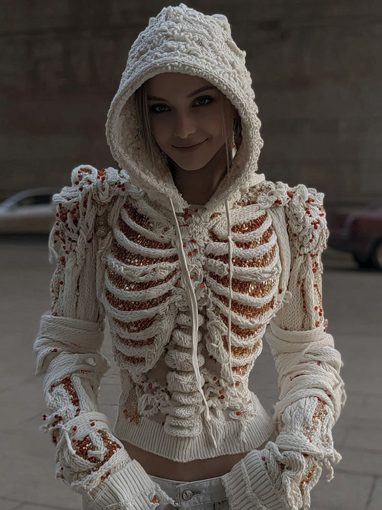 Women's Halloween Skull Sequined Knit Hooded Sweater