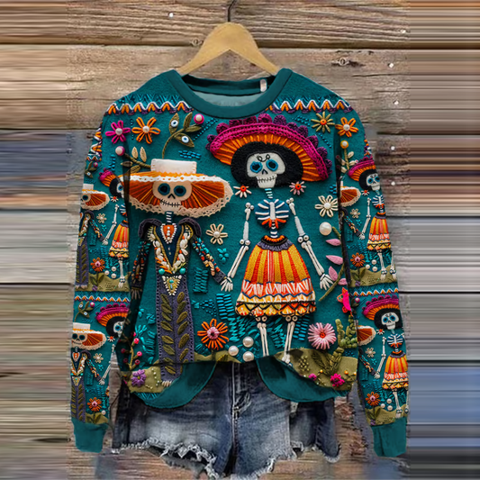 Mexican Sugar Skeleton Couple Catrina Day Of The Dead Inspired Art Printed Sweatshirt