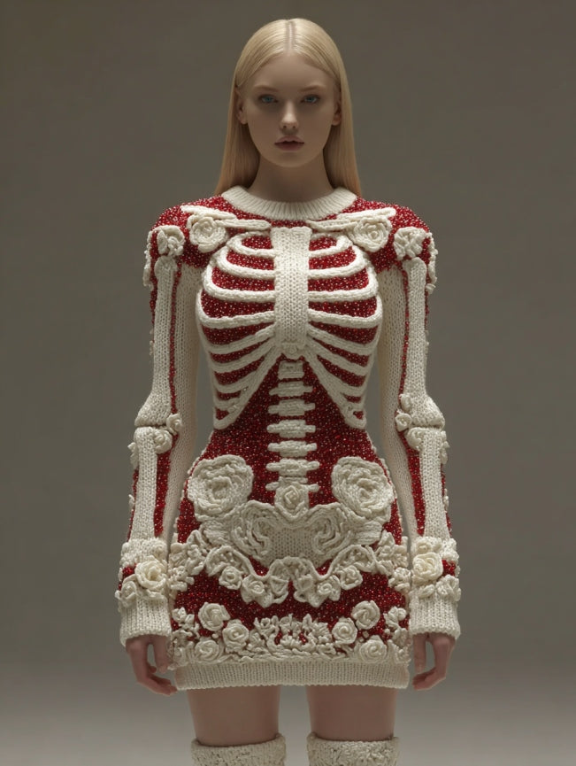 Women's Vintage Halloween Skeleton Bones Rose Art Cozy Knit Mini Sweater Dress