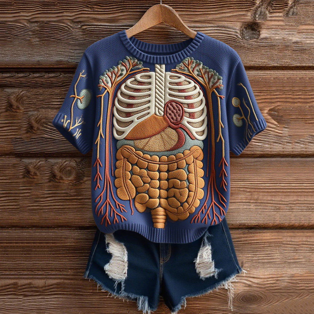 Vintage Classic Halloween Anatomy Art Short Sleeve Chunky Knitted Sweater