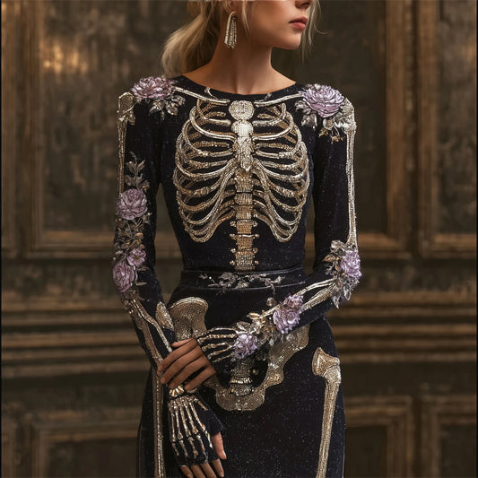 Glamorous Skull Floral Sequin Art Women's Maxi Dress