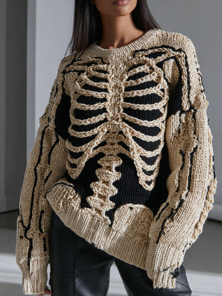 Women's Skeleton Crew Neck Color Block Cozy Sweater